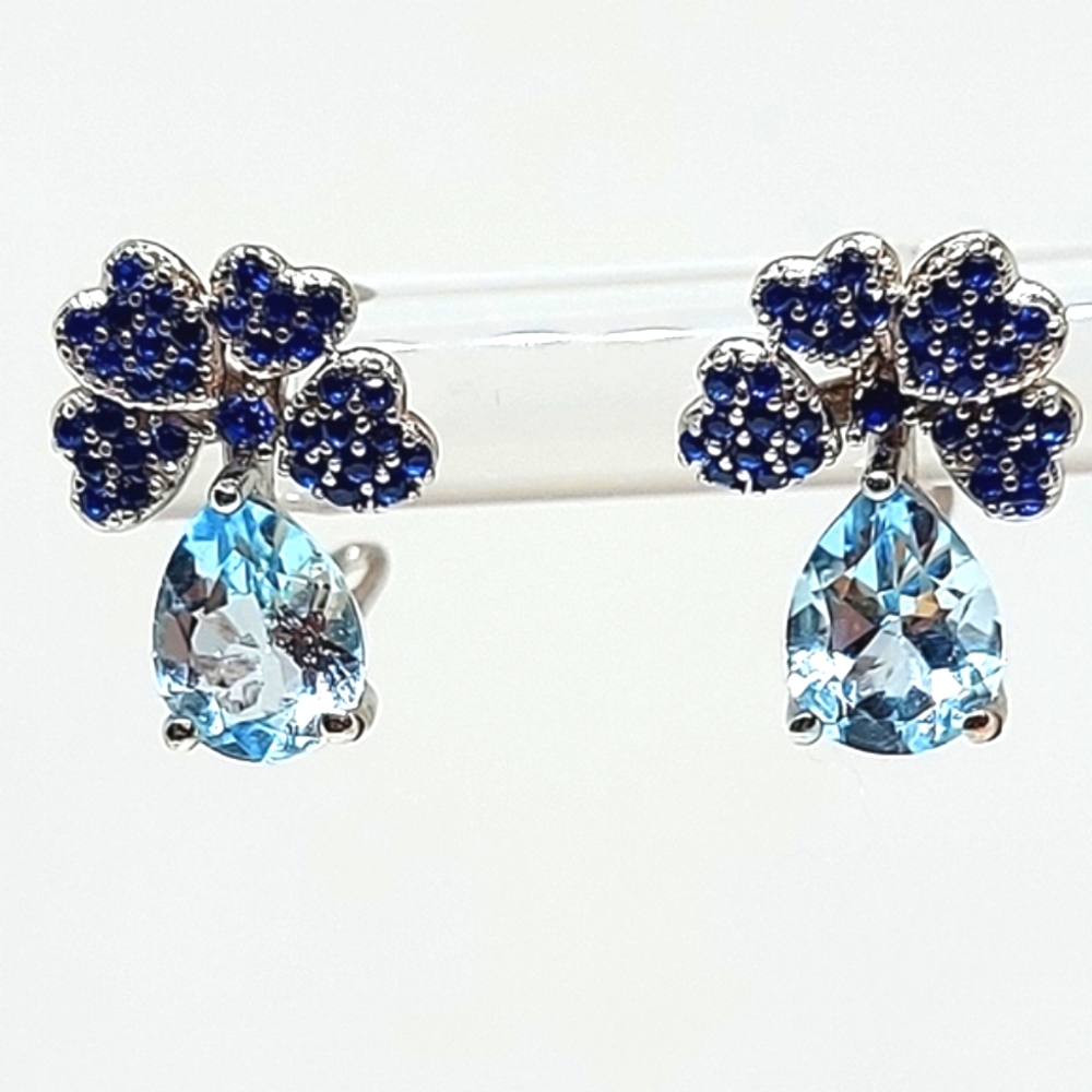 Natural Topaz & Cz 14K White 925 Sterling Silver Earrings‎ - Picture 2 of 6